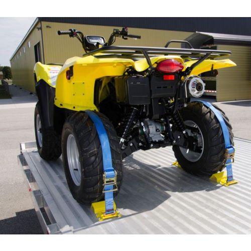 Secures the front and back of your ATV or lawn mower&#039;s rear wheels firmly to a trailer bed.