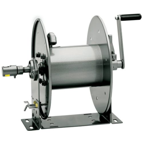 Hannay 1020-14-16 Manual Rewind Hose Reel has an e-coated frame and 5&quot; long crank arm