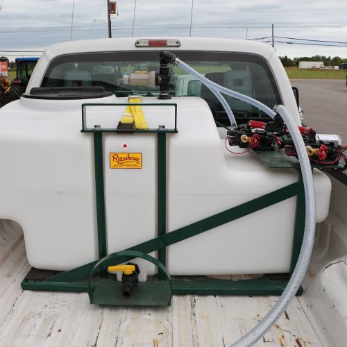 200 US Gallon Electric De-Icing Sprayer shown in the back of a pickup truck.