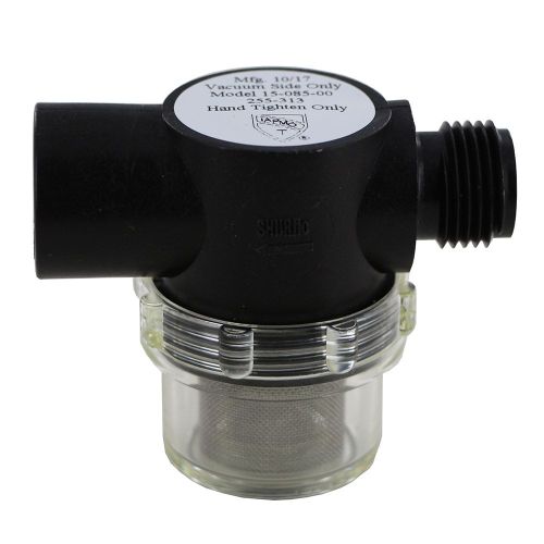 Shurflo 255-313 Bowl-Style Strainer for electric diaphragm pumps. The strainer has a 1/2&quot; male NPSM inlet and 1/2&quot; female NPSM outlet.