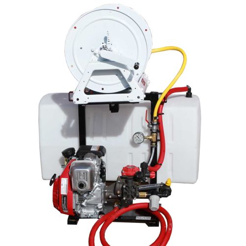 Skid Mounted Lawn Sprayer shown with standard 3-position Hannay manual reel