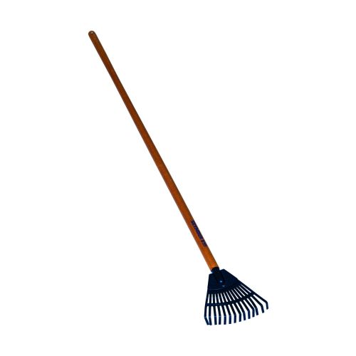 A lightweight shrub rake with a 14-tine poly head for raking leaves and debris around shrubs, flowers, hedges, and other tight spots.