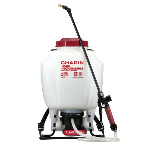 Chapin 63924 Rechargeable 24V Battery-Powered Backpack Sprayer with 4 US gallon tank capacity.