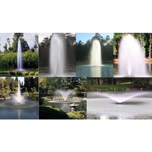 Seven different fountain patterns produced by the Kasco 5.3JF Decorative Aerating Fountain.