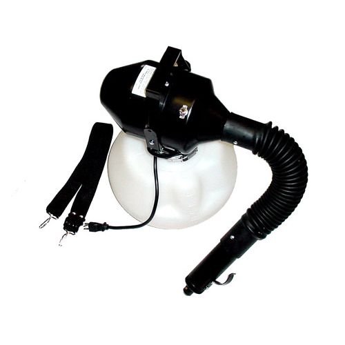 ULV fogger comes with carrying strap and variable output nozzle on flexible delivery hose.