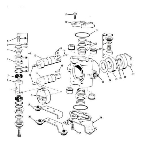 Parts breakdown for the Hypro 5300 Series Piston Pumps.