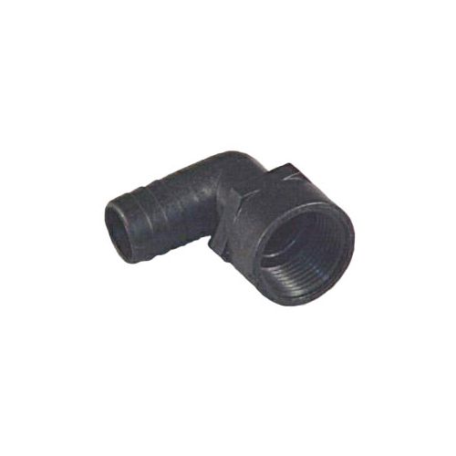 Polypropylene hose barb elbow to female pipe thread.