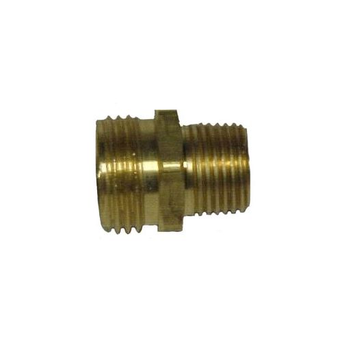 Solid brass coupling male garden hose thread to male pipe thread.