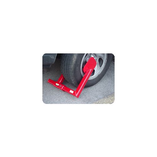 The Heavy Duty Wheel Lock will foil the plans of thieves and vandals. Shown here attached to a wheel making it impossible to easily steal your equipment. Works just like a Denver Boot Wheel Lock. 