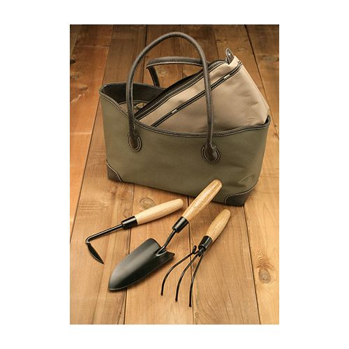 Includes tool bag with removable center bag, cape cod weeder, planting / transplant trowel, and 3-tine garden scratch / weeder.