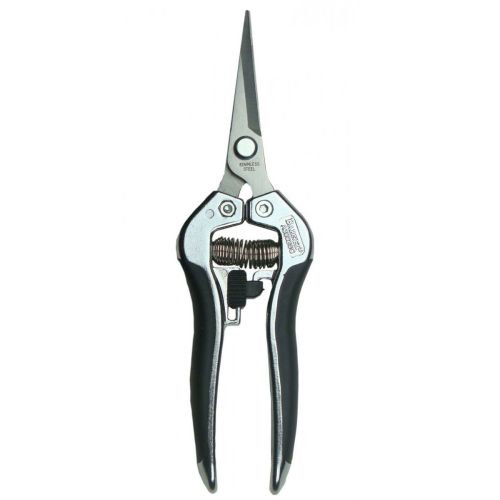 An ergonomic pruning snip for harvesting and snipping fruits, vegetables, and flowers.