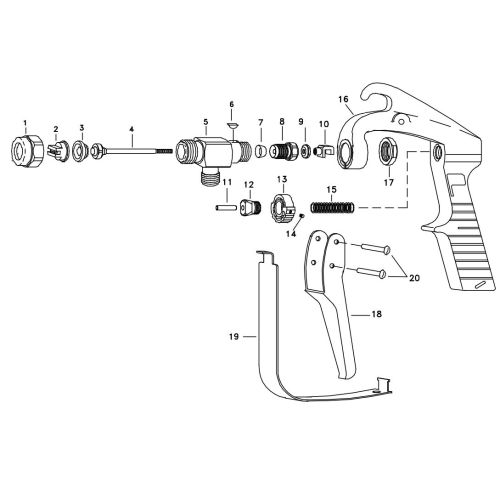 Parts breakdown for the TeeJet GunJet AA23H High Pressure Spray Gun without extension.