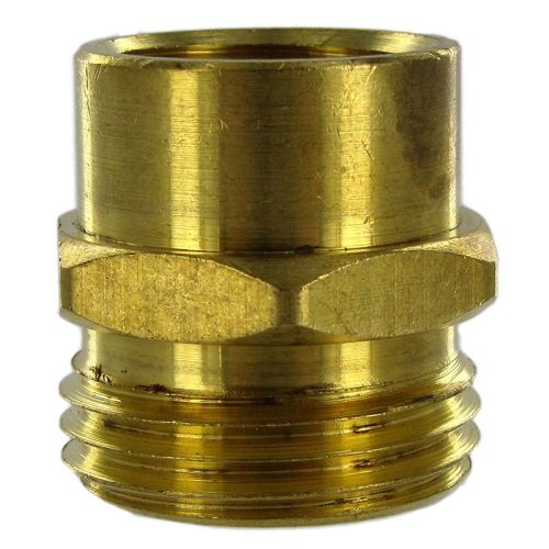 Solid brass coupling male garden hose to female pipe thread.