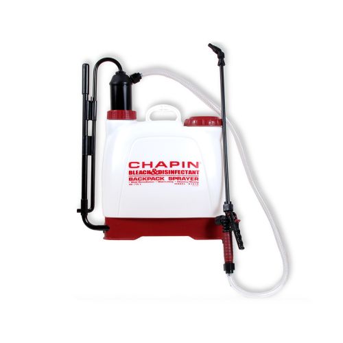 4 gallon Bleach &amp; Disinfectant Backpack Sprayer from Chapin. Can handle up to a 50% bleach solution.