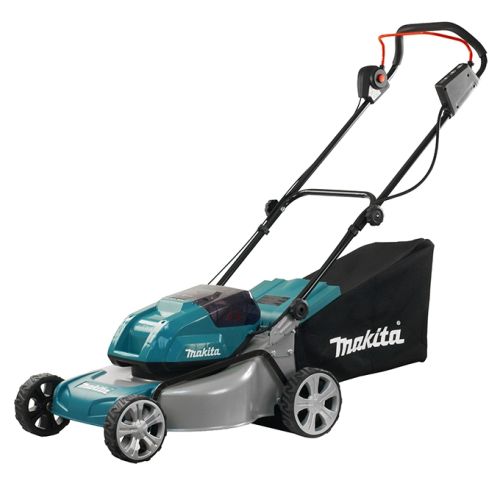 Makita DLM460Z Cordless Lawn Mower is powered by two 18V lithium-ion batteries for efficiency while mowing larger lawns.