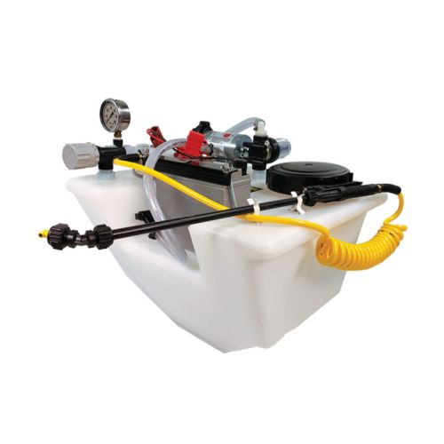 Poly tank capacity is 9 US gallons. The tank is fitted with an array of accessories that allow your Spyker/Lesco Spreader to be converted into an efficient 12V spraying system.