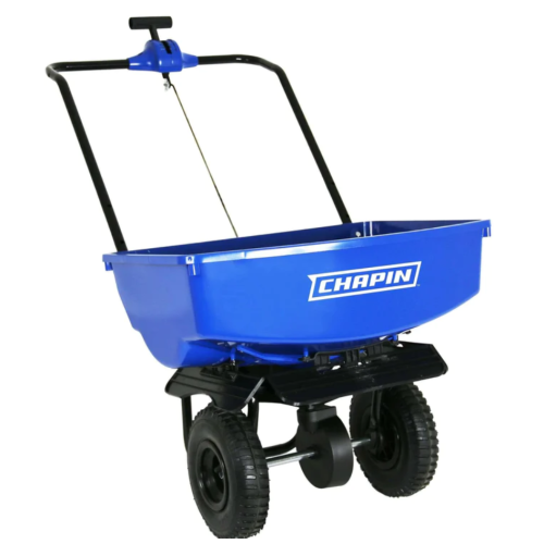 Poly hopper capacity is 70 LBS. Perfect for salt and ice melt spreading.