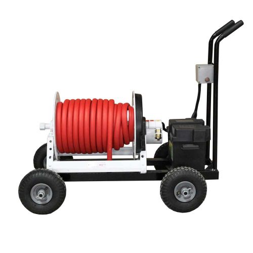 Powered hose reel and control box mounted on cart.