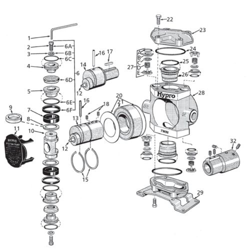 Parts breakdown for the Hypro 5210 series Piston Pumps.