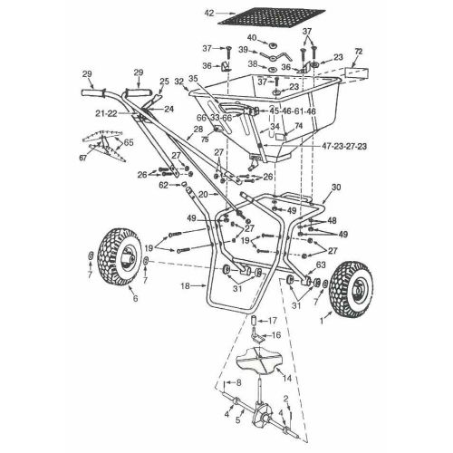 Parts listing for the Lesco High Wheel Spreader Model 021820.