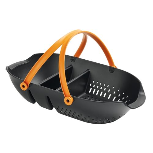 The Fiskars Garden Harvest Basket is made of durable plastic material.