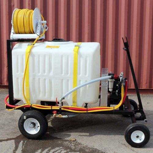 Pictured above is the 120 US Gal. Portable Sprayer. The 240 US Gal. version has a larger tank and larger wheels, but is similar in profile.