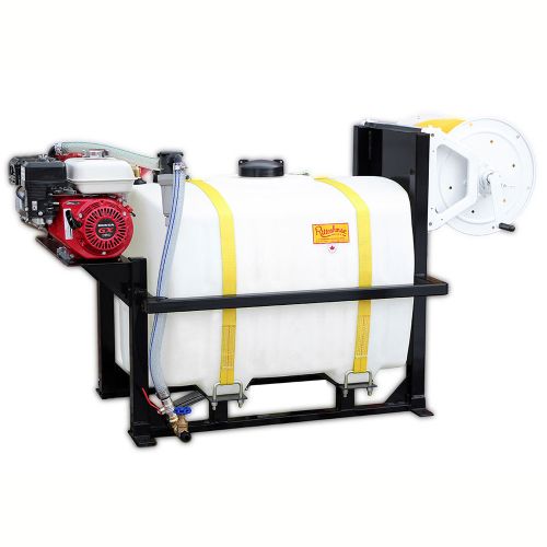 Space Saving 100 US Gallon Skid Mount Sprayer. Shown with a Honda GX160 gas engine and a manual rewind hose reel. Leaves lots of extra space for other tools and supplies.