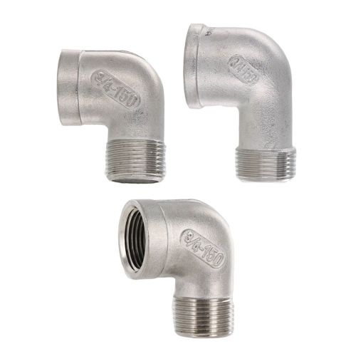 3/4 inch and 1/2 inch Stainless Steel 90 degree street elbows for plumbing.