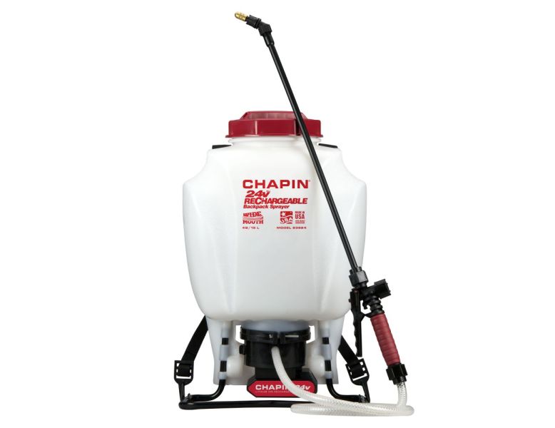 Chapin 63924 Rechargeable 24V Battery-Powered Backpack Sprayer with 4 US gallon tank capacity.