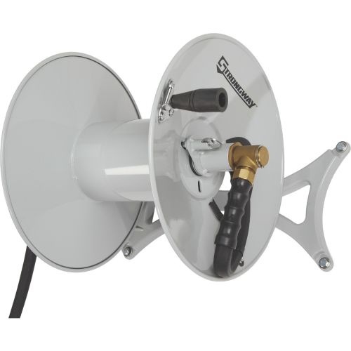 This garden hose reel can be mounted parallel or perpendicular to a wall.