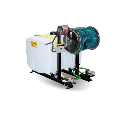 Features a Shurflo 12 Volt Pump and 12VDC power rewind wheel. (Hose and gun not included).