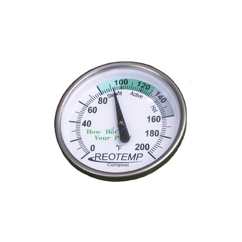 For measuring the interior temperatures of compost piles or soil in Fahrenheit.