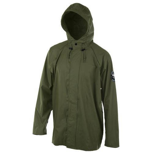 Comfortably work outdoors in the rain without getting wet with these rain jackets. Abbotsford Army Green Rain Jacket shown.
