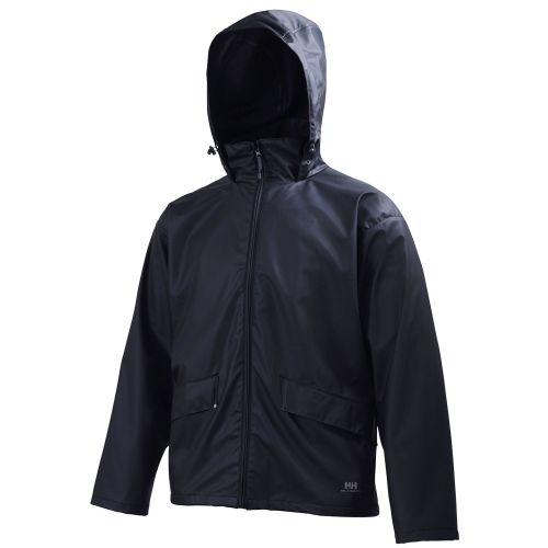 These rain jackets offer full wind and water protection, allowing you to work wet weather. Navy Blue Rain Jacket shown.