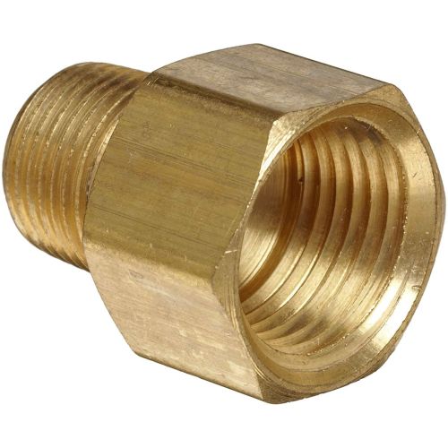 Solid brass coupling female garden hose to male pipe thread.