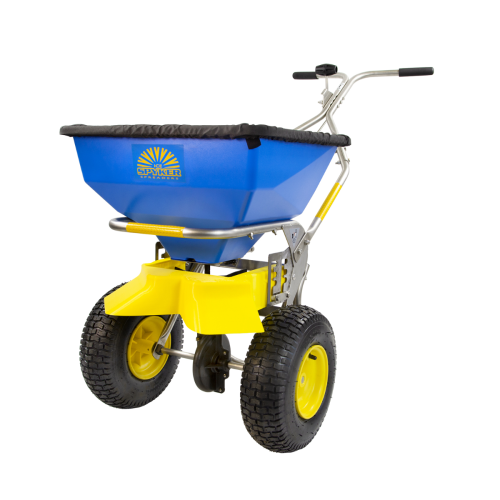 Hopper capacity of 50 lb. Great for applying ice melt and bagged rock salt in the winter months on sidewalks, walkways, pathways, driveways, and more. Can also be used in the warmer months to apply fertilizer, seed, and sand to lawn and turf.
