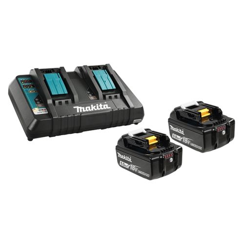 Includes 2 x 18V Lithium-Ion batteries and 1 x Dual-Port Rapid Charger.